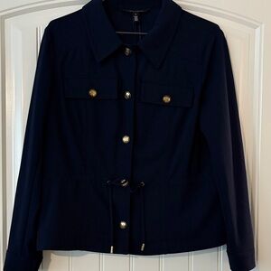 White House Black Market Navy Utility Jacket with Gold Accents Sz 14